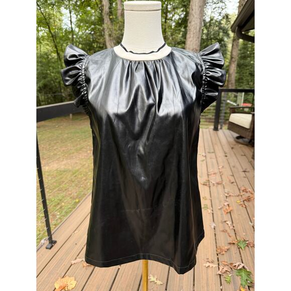 THML Small Black Faux Leather Short Flutter Sleeve Flowy Blouse Knit Neck - Picture 7 of 11